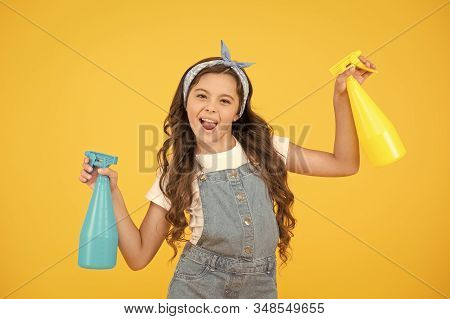 Neat Is My Middle Name. Funny Small Housekeeper. Little Housekeeper Hold Spray Bottles On Yellow Bac