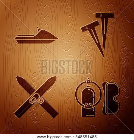Set Diving Mask And Aqualung, Jet Ski, Ski And Sticks And Pegs For Tents On Wooden Background. Vecto