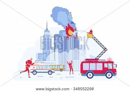 Firefighter Holding Hose With Water Trying To Extinguish Fire In Skyscraper Flat Cartoon Vector Illu
