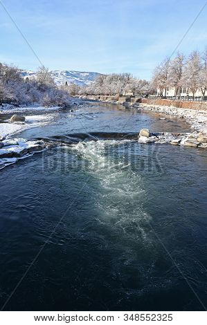 Reno, Nevada - January 17, 2020: Truckee River And Wingfield Park In Early Morning After Snowstorm.