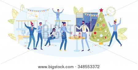 New Year Bash. Business People Celebrating Xmas Party, Clerks Characters Having Fun And Dancing At D
