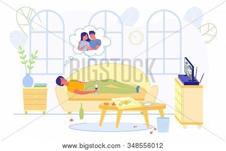 Poster Depression From Breaking Love Relationship. Girl Lies At Home On Couch Bad Mood, Drinks Wine 
