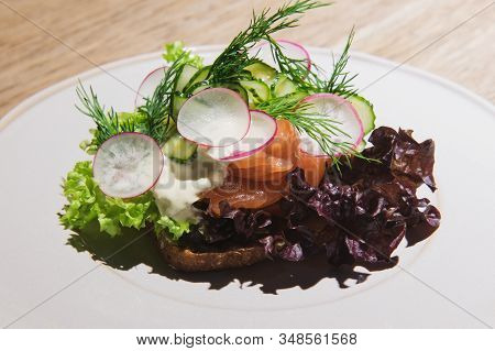 Danish Open Sandwich Smorrebrod With Vegetables And Herbs. Served In White Plate On Rye Bread With S