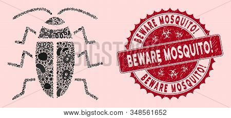 Biohazard Mosaic Cucaracha Icon And Rounded Corroded Stamp Seal With Beware Mosquito Exclamation Phr