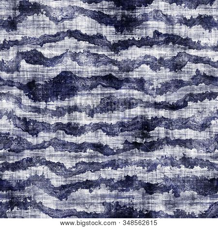 Indigo Cyanotype Dyed Effect Worn Striped Pattern