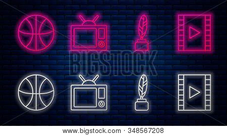 Set Line Television, Feather And Inkwell, Basketball Ball And Play Video. Glowing Neon Icon On Brick