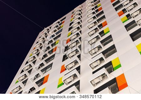 Moscow. Russia. Winter 2019. Multystoried Houses. New Apartment Buildings. The White Facade With Col