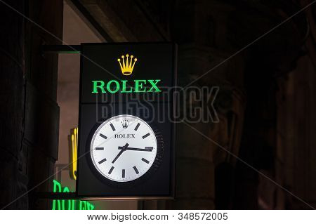 Prague, Czechia - October 31, 2019: Rolex Logo On A Their Main Retailer For Prague. Rolex Is A Swiss