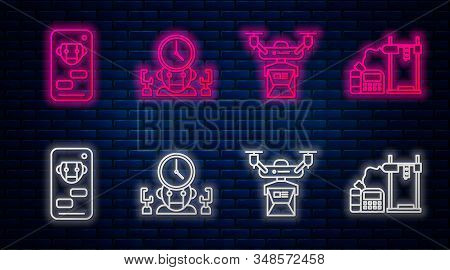 Set Line Robot And Digital Time Manager, Drone Delivery Concept, Bot And 3d Printer. Glowing Neon Ic