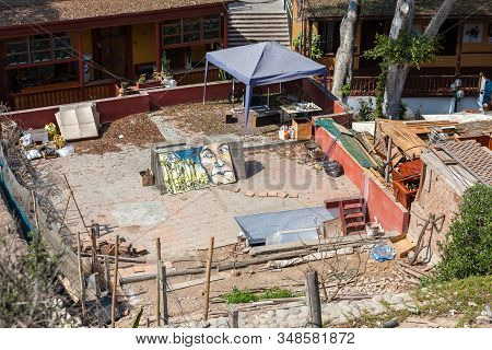 Barranco, Lima, Peru - May 10, 2016: Home Of An Artist With A Painting Out In The Back Yard Showing 