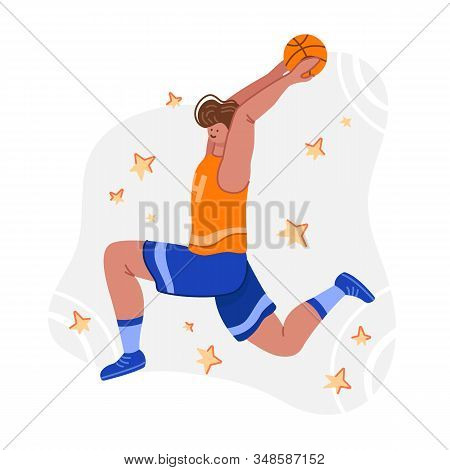 Basketball Player With Ball On Playground, Young Muscular Man In Uniform Playing Match, Guy Jumping 