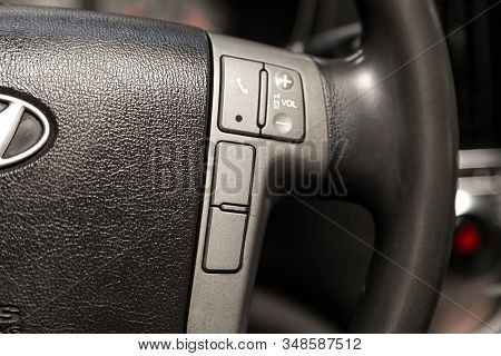 Novosibirsk, Russia - December 18, 2019:  Hyundai Grand Starex, New Black Steering Wheel With Multif