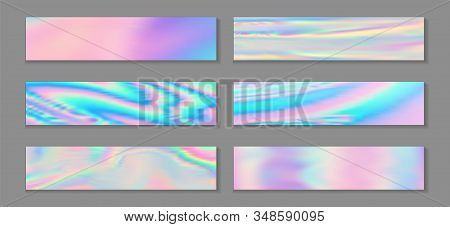 Hologram Modern Banner Horizontal Fluid Gradient Mermaid Backgrounds Vector Set. Pearlecent Hologram