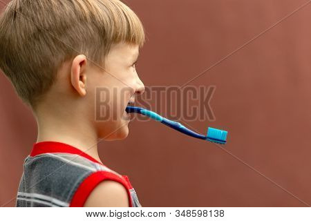 The Boy Holds The Toothbrush In His Teeth With The Reverse Side