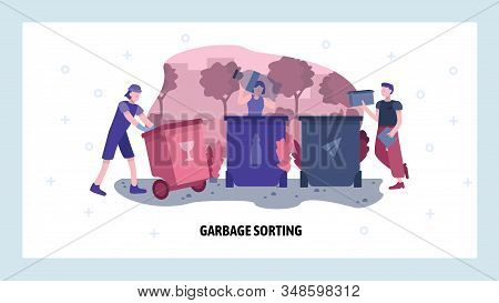 Garbage Sorting Concept. People Sort And Separate Waste For Recycle. Vector Web Site Design Template