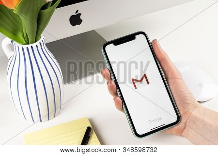 Helsinki, Finland, January 28, 2020: Google Gmail Application Icon On Apple Iphone X Smartphone Scre