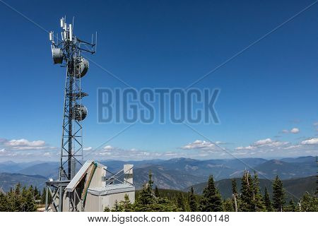 Telecommunications Tower Located High Up On The Hilltop Of Kootenay Valley Mountains, In Creston, Br