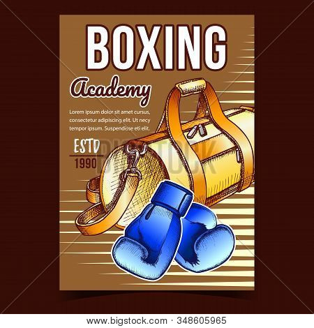 Boxing Sport Academy Advertising Banner Vector. Box Gloves Constructed Of Premium Leather Long-lasti