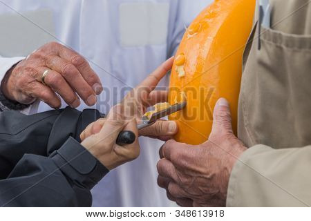 Cheese degustation at traditional cheese market in Alkmaar Netherlands