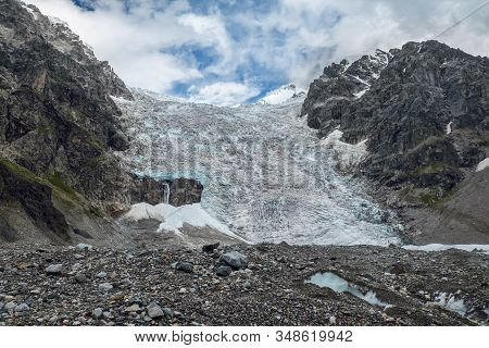 Huge Lardaad Glacier Icefall View From Bottom Mountains Of Svaneti Georgia