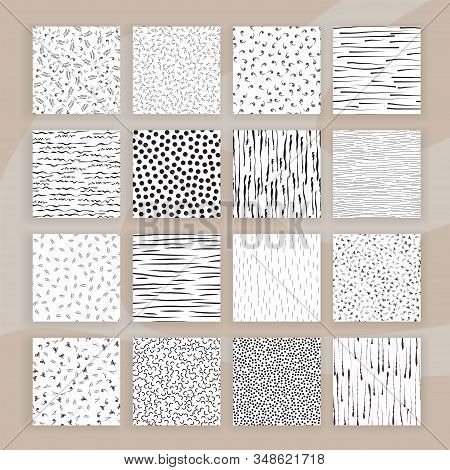 Set Of Abstract Samless Patterns Of Doodles, Lines, Memphis Elements. Simple Abstract Pattern Backgr