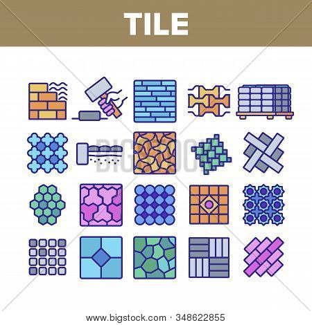 Tile Floor Material Collection Icons Set Vector. Brick On Pallet And Hammer, Different Form And Styl