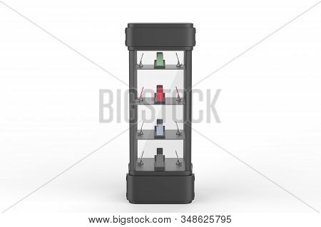 Transparent Display Case Glass Showcase Mobile Phone Display Counter. 3d Illustration