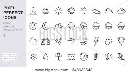 Weather Line Icons Set. Sun, Rain, Thunder Storm, Dew, Wind, Snow Cloud, Night Sky Minimal Vector Il