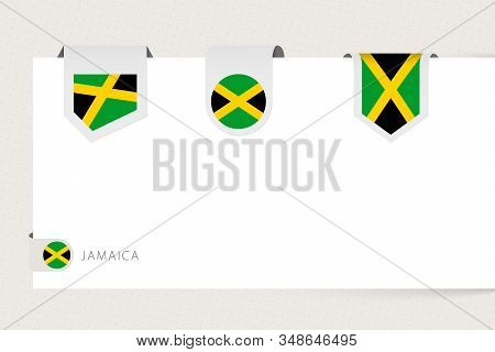 Label Flag Collection Of Jamaica In Different Shape. Ribbon Flag Template Of Jamaica Hanging From Pa