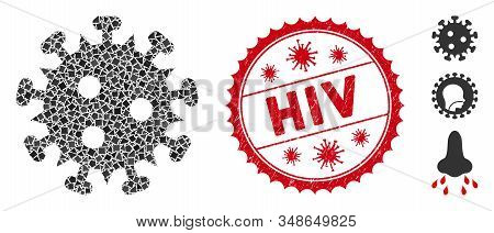 Mosaic Hiv Virus Icon And Red Round Corroded Stamp Seal With Hiv Caption And Coronavirus Symbol. Mos