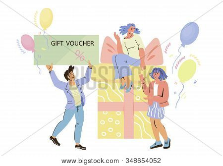 Gift Voucher And Shopping Certificate, Discount Coupon Banner With People, Vector.
