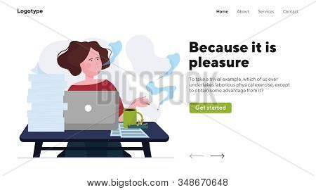 Employee Smoking At Workplace. Office Woman Practicing Bad Habit Flat Vector Illustration. Unhealthy