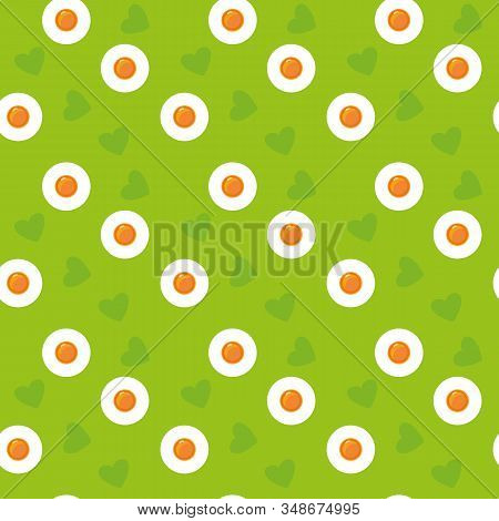 Cute Cartoon Seamless Green Eggs Pattern. Spring Easter Print Fried Eggs And Hearts. Holidays Concep