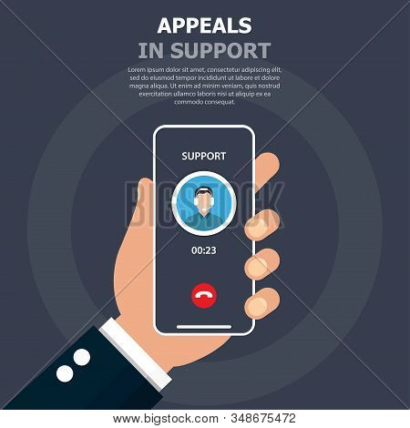 The Call With The Support Is Shown On The Screen Of The Phone Which Is In The Users Hand. Dark Blue 