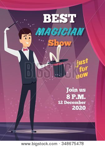 Magic Show Poster. Magician Character Show Tricks Wizard With Mystery Cap Vector Placard Invitation.