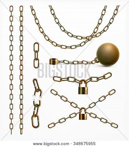 Abstract Realistic Collection Of Gold Or Rusty Chains Whole And Broken Attached To Ball And Padlocks
