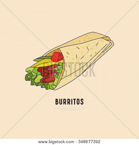 Stock Vector Label Design For Mexican Food Restaurant. Illustration Of Burritos. Color Print On Ligh