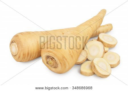 Parsnip Root And Slices Isolated On White Background With Clipping Path