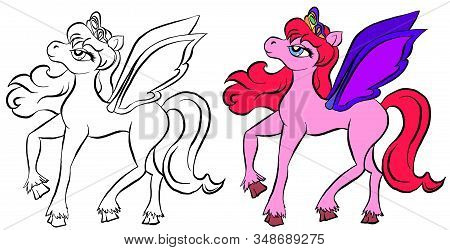 Vector Isolated Pony. Coloring Of Pony. Colored Pink Cartoon Horse. Coloring And Colorful Pony.