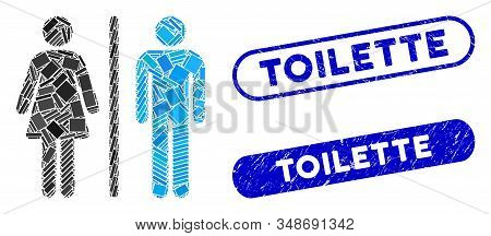 Mosaic Wc Persons And Corroded Stamp Seals With Toilette Caption. Mosaic Vector Wc Persons Is Compos