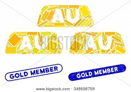 Mosaic Gold Bullions And Rubber Stamp Seals With Gold Member Text. Mosaic Vector Gold Bullions Is De