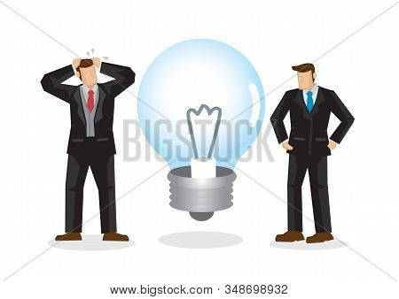 Businessmen With An Unlighted Light Bulb. Concept Of Having No Idea For Their Big Project. Vector Il