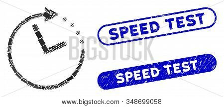 Mosaic Time Direction And Distressed Stamp Seals With Speed Test Phrase. Mosaic Vector Time Directio