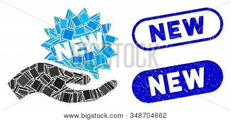 Mosaic New Offer Hand And Distressed Stamp Seals With New Text. Mosaic Vector New Offer Hand Is Form