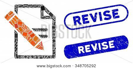 Mosaic Edit Records And Rubber Stamp Seals With Revise Text. Mosaic Vector Edit Records Is Formed Wi