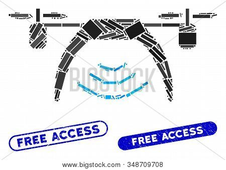 Collage Drone Wifi Repeater And Grunge Stamp Seals With Free Access Phrase. Mosaic Vector Drone Wifi