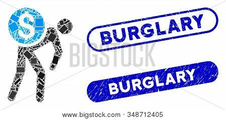 Collage Financial Courier And Corroded Stamp Seals With Burglary Phrase. Mosaic Vector Financial Cou