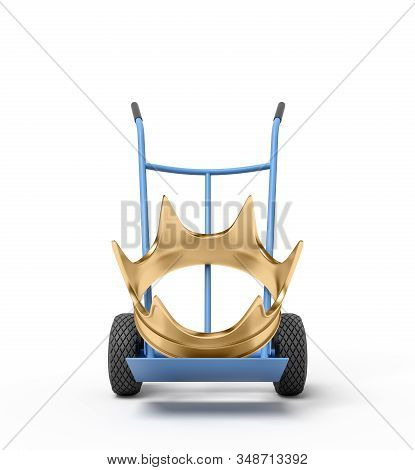 3d Close-up Rendering Of Big Golden Crown On Blue Hand Truck.