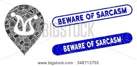 Mosaic Joker Marker And Grunge Stamp Seals With Beware Of Sarcasm Text. Mosaic Vector Joker Marker I