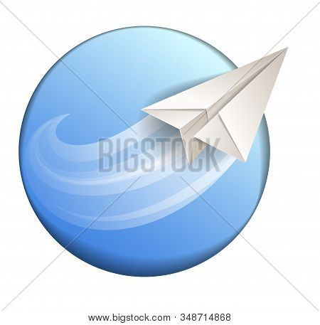 Origami Folded Toy Plane Flying In A Blue Sky Abstract Curvy Shape, Vector Modern Style 3d Illustrat
